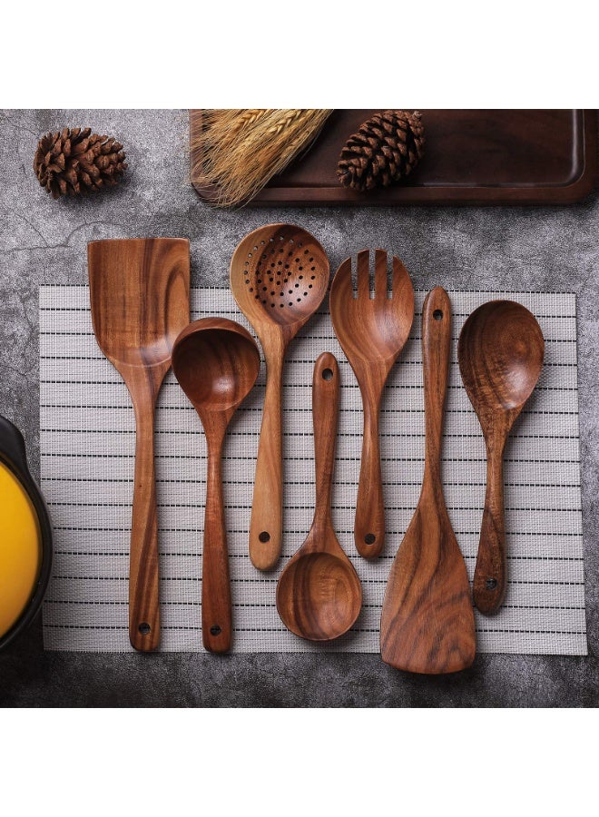 Wooden Non-Stick Kitchen Pan Toolset 7 Pieces Set,100% Natural Teak Kitchen Utensils Spatula, Wooden Cooking Utensils Spoons, Fried Spatula and Salad Fork - Image 5